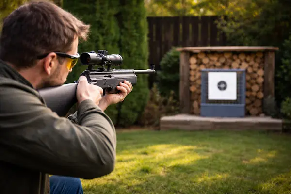 Bezpečná streľba zo vzduchovky na záhrade s terčom a lapačom diaboliek..webp