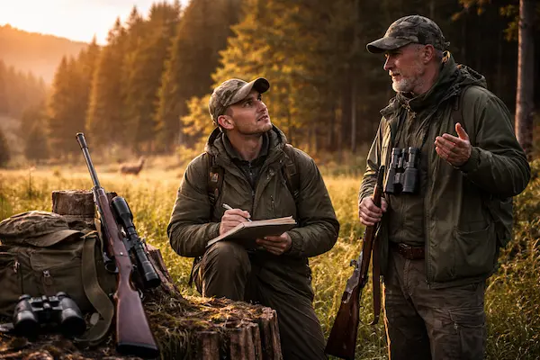 Začiatočník sa učí poľovníctvo v teréne pod vedením mentora.webp