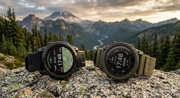 Porovnanie Garmin Fenix 8 a Tactix 8 Cerakote Edition na skalnatom teréne.webp