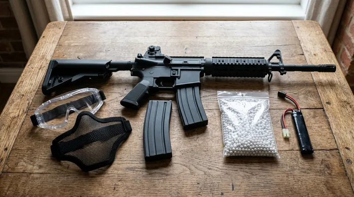 Základná výbava na airsoft: elektrická puška, okuliare, maska a guľôčky