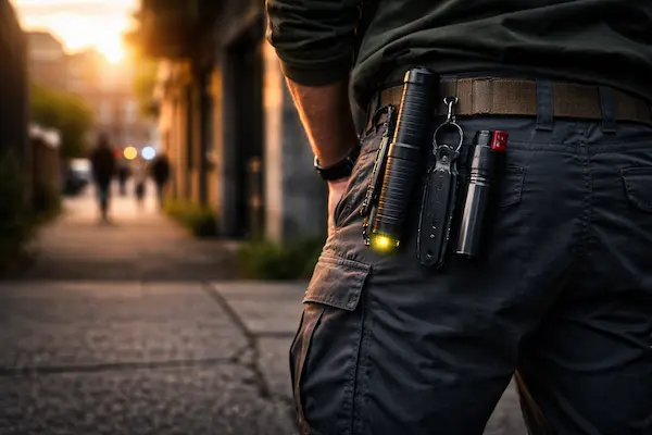 Muž v mestskom prostredí pri západe slnka s EDC výbavou – baterka, paralyzér a obranné pomôcky na opasku.webp