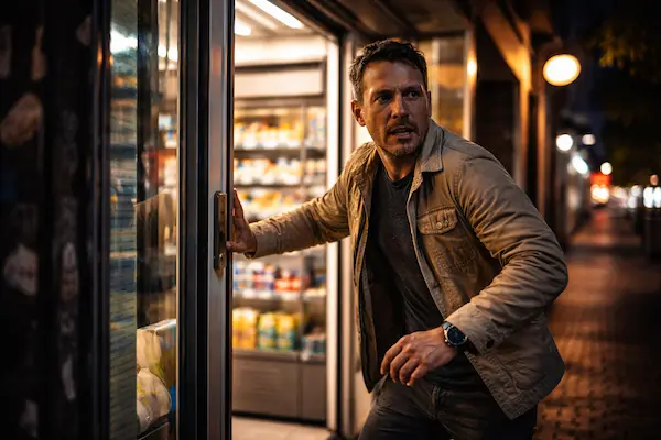 Napadnutie na ulici – muž vyhľadáva bezpečné miesto a vstupuje do osvetleného podniku.webp