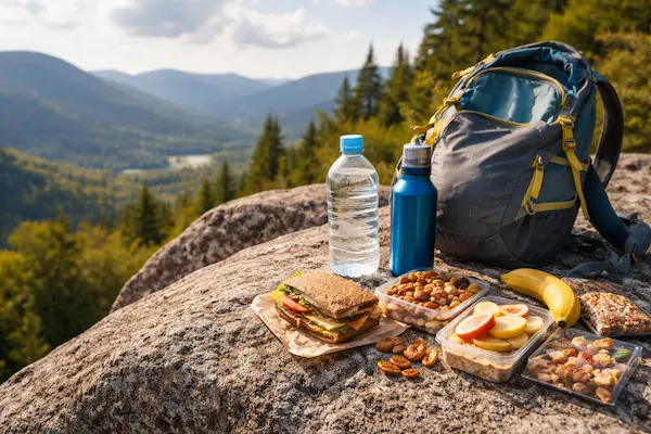 Strava a pitný režim na turistike – voda a jedlo pripravené na túru v horách.webp