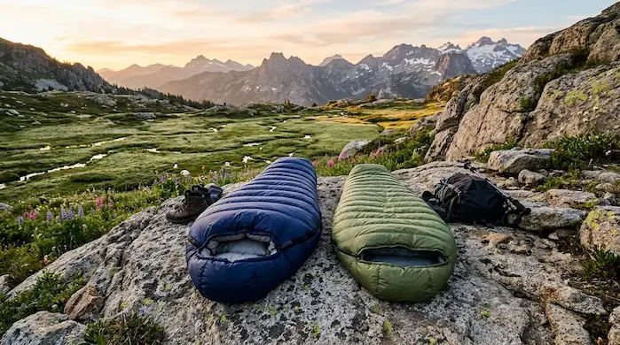 Páperový spacák Warmpeace Viking 600 a Naturehike Snowbird položené vedľa seba v horách.webp