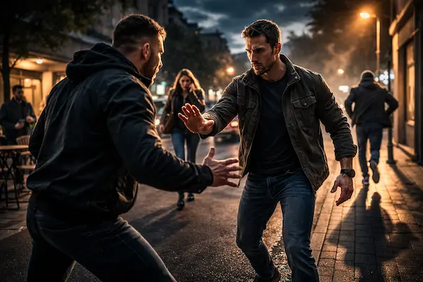 Verbálna sebaobrana – muž s otvorenými dlaňami čelí agresii a snaží sa zastaviť eskaláciu konfliktu.webp