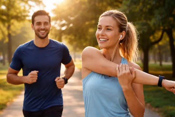 Pohyb proti stresu cvičenie v parku pri západe slnka.webp