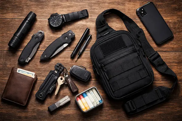 EDC výbava rozložená na stole s nožom, baterkou, multitoolom, peňaženkou a ďalšími vecami na každodenné nosenie.webp