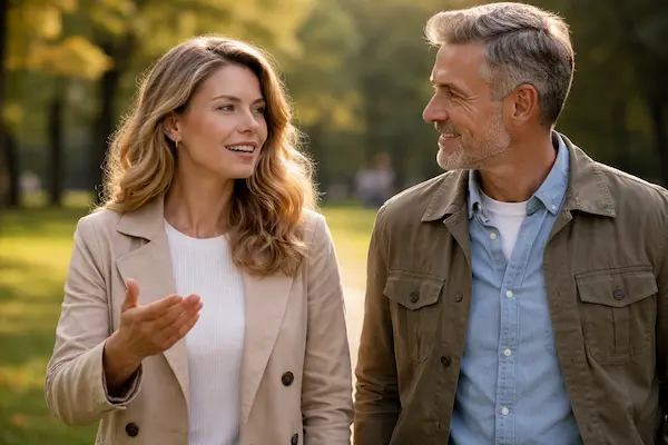 Sebavedomá žena vedie vyrovnaný rozhovor v prírode ako symbol zdravých hraníc a rešpektu vo vzťahoch..webp