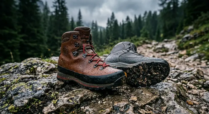 Turistické topánky s Gore-Tex membránou na mokrom horskom chodníku.webp