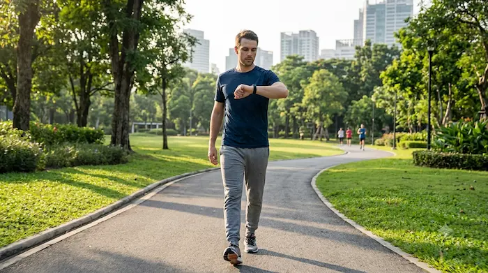 muž kontroluje fitness náramok počas rannej chôdze v parku.webp