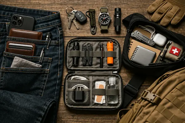 EDC organizácia: ako nosiť výbavu (vrecká, taška, organizér)