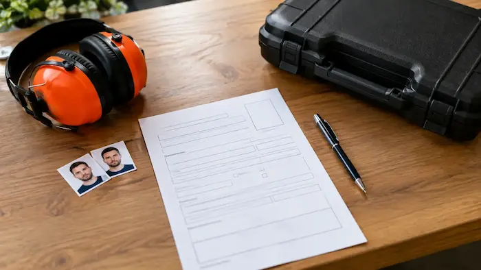 Žiadosť o zbrojný preukaz s fotografiami a chráničmi sluchu na stole