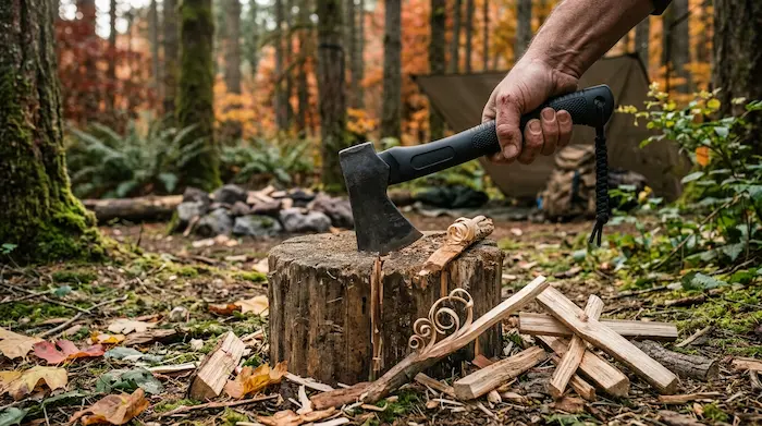 Štiepanie dreva bushcraftovou sekerou pri príprave ohňa.webp