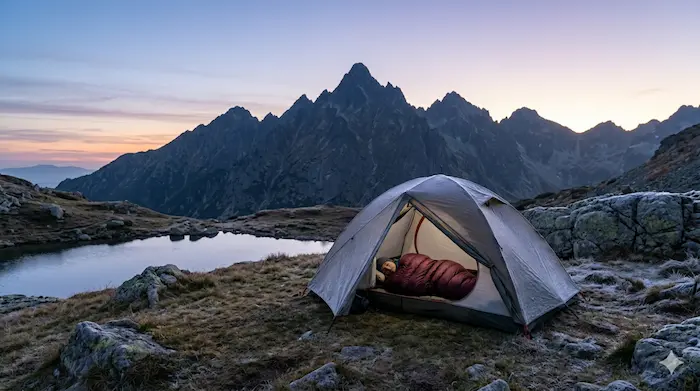 Turistický stan a človek v spacáku počas horského bivaku pri plese v slovenských Tatrách pri úsvite..webp