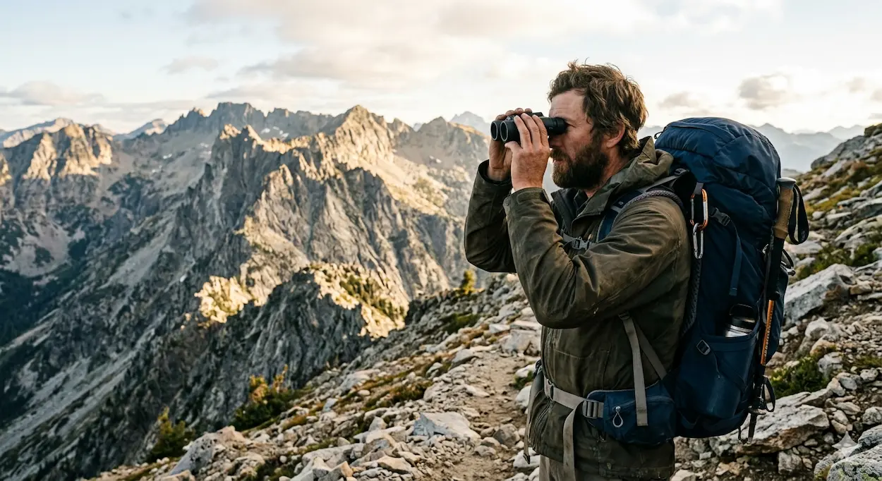 turistický ďalekohľad v rukách na horskom hrebeni.webp