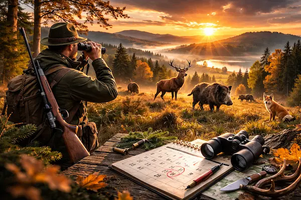 Plánovanie poľovačky podľa doby lovu – poľovník sleduje zver v jesennej krajine.webp