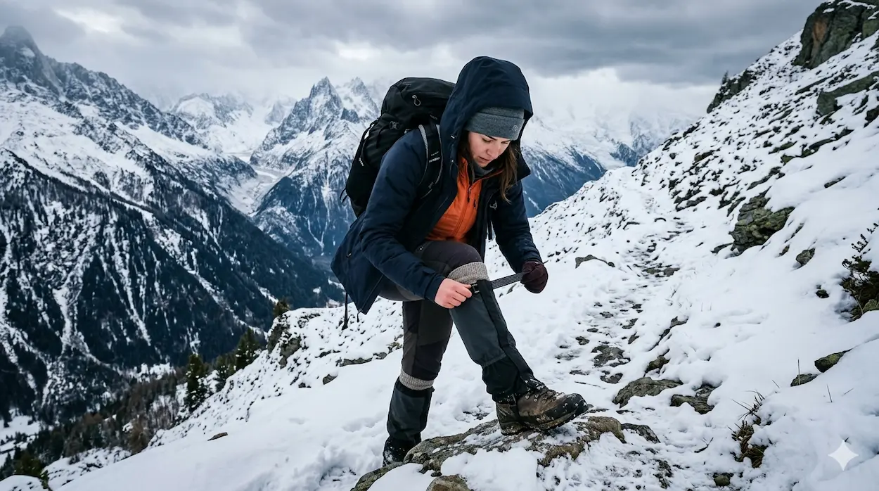 Turista si upravuje turistické gamaše na čižme pred výstupom do zasneženého terénu.webp