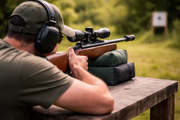 ako zlepšiť presnosť streľby zo vzduchovky – strelec trénuje presnú streľbu zo stabilnej opory s puškohľadom na terč.jpg