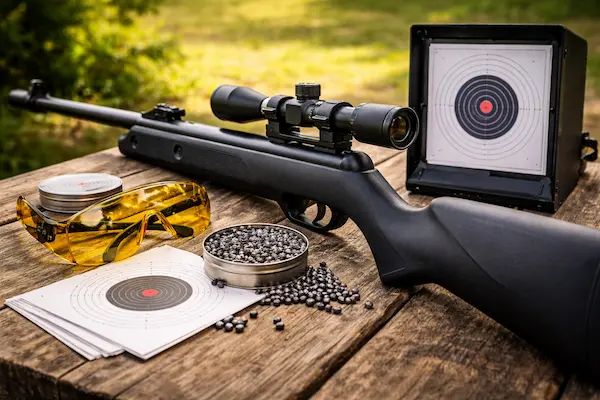 Tréning streľby zo vzduchovky pre začiatočníka – vzduchovka, diabolky a terč.webp