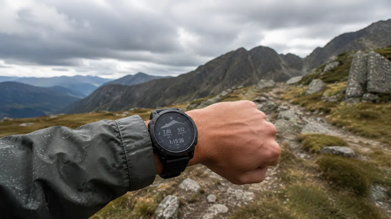 GPS outdoor hodinky na turistiku – detail displeja a ovládania v teréne.webp