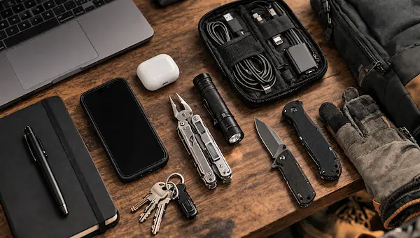 EDC do práce – praktická každodenná výbava pre kanceláriu aj manuálnu prácu rozložená na pracovnom stole.webp