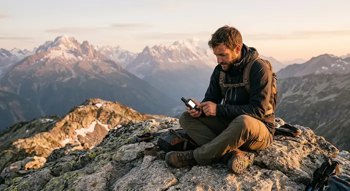 Turista na vrchole hory kontroluje satelitný komunikátor počas viacdňového výletu bez mobilného signálu.webp