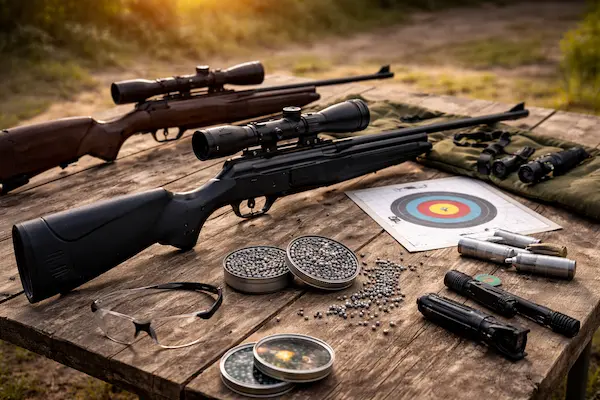 vzduchovky na terčovú streľbu s puškohľadmi, diabolky a papierový terč pripravené na strelecký tréning.webp