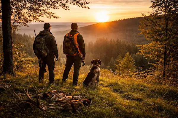Záver spoločnej poľovačky – poľovníci so psom pri západe slnka nad horským revírom.webp