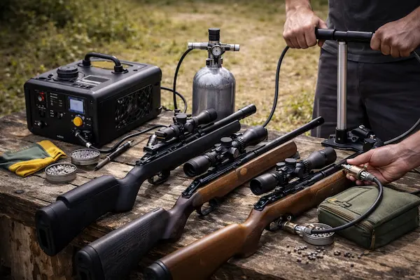 Plnenie PCP vzduchovky pomocou pumpy, kompresora a tlakovej fľaše.webp