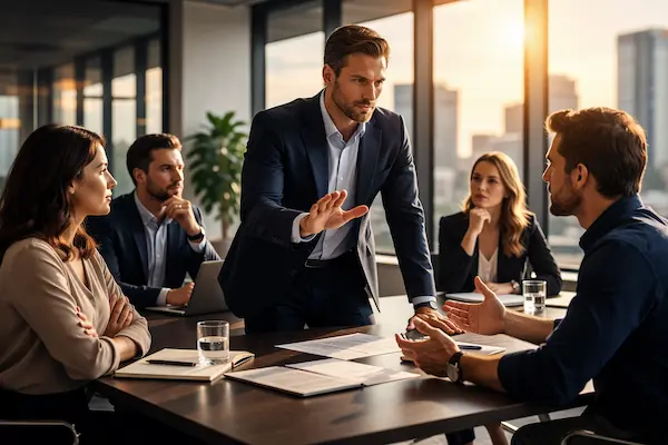 Sebavedomý muž si počas pracovného stretnutia získava rešpekt jasnou a pokojnou komunikáciou..webp