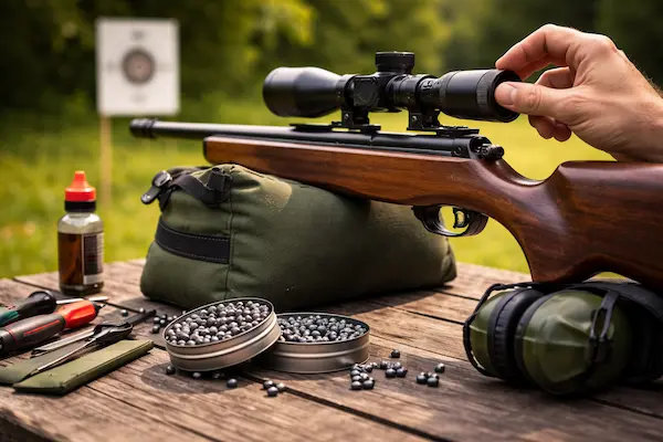 najčastejšie chyby pri streľbe zo vzduchovky – zle nastavený puškohľad, diabolky a strelecké vybavenie pripravené na kontrolu presnosti.webp