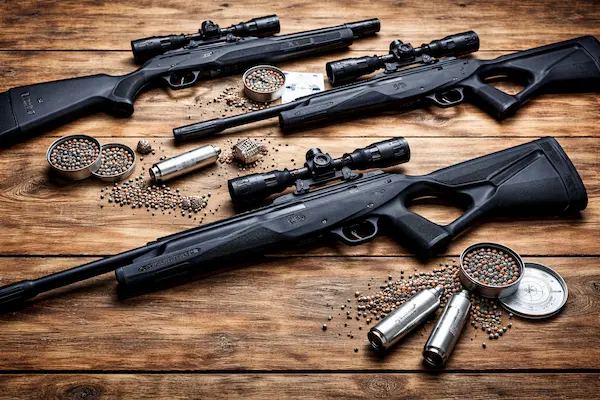 najlepšia vzduchovka so zásobníkom – porovnanie viacerých zásobníkových vzduchoviek s optikou, diabolkami a CO2 bombičkami na drevenom stole.webp