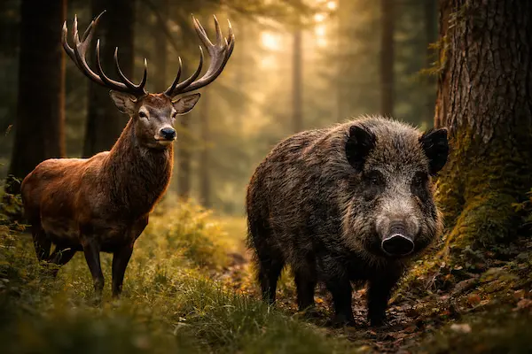 Veľká poľovná zver na Slovensku – jeleň lesný a diviak v lese.webp