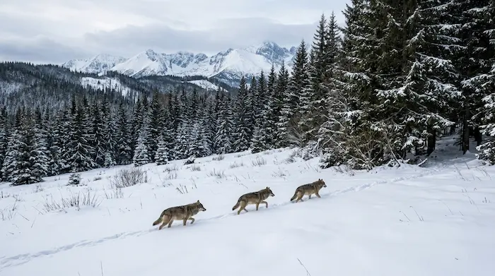 Svorka vlkov na zasneženej horskej lúke