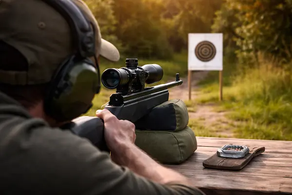 ako nastreliť puškohľad na vzduchovke – strelec nastavuje optiku a mieri na papierový terč zo stabilnej opory.webp