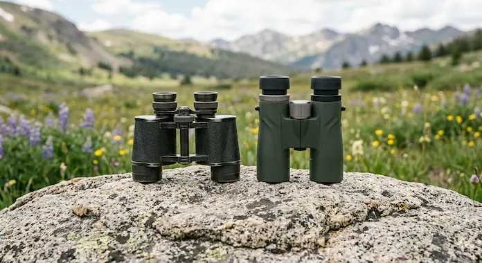 porovnanie turistických ďalekohľadov na skale v horách.webp