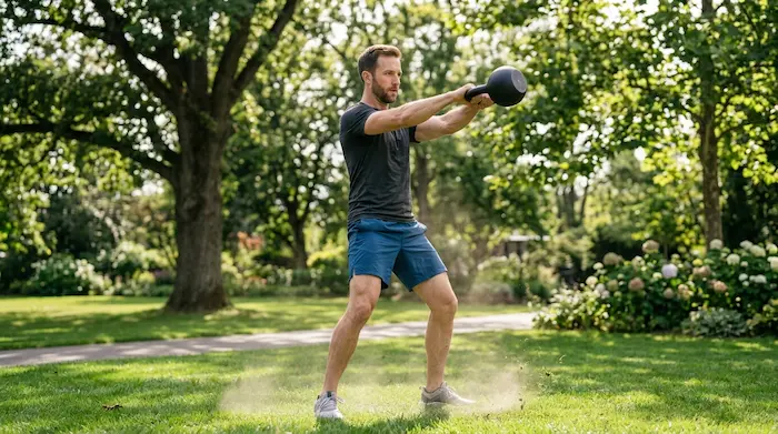 muž robí kettlebell swing v domácom prostredí.webp