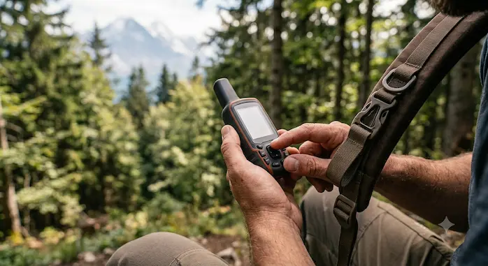 Detail satelitného komunikátora Garmin inReach pripevneného na popruhu turistického batohu.webp