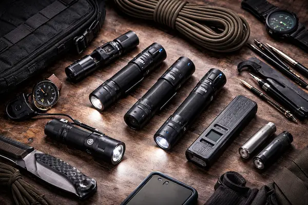 Najlepšia EDC baterka – výber kompaktných svietidiel a každodennej výbavy rozloženej na stole.webp
