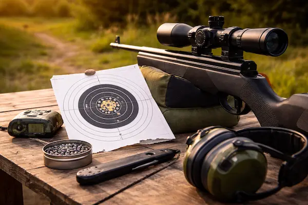 ako nastreliť puškohľad na vzduchovke – vzduchovka s optikou, diabolky a terč s presným sústrelom po nastrelení.webp