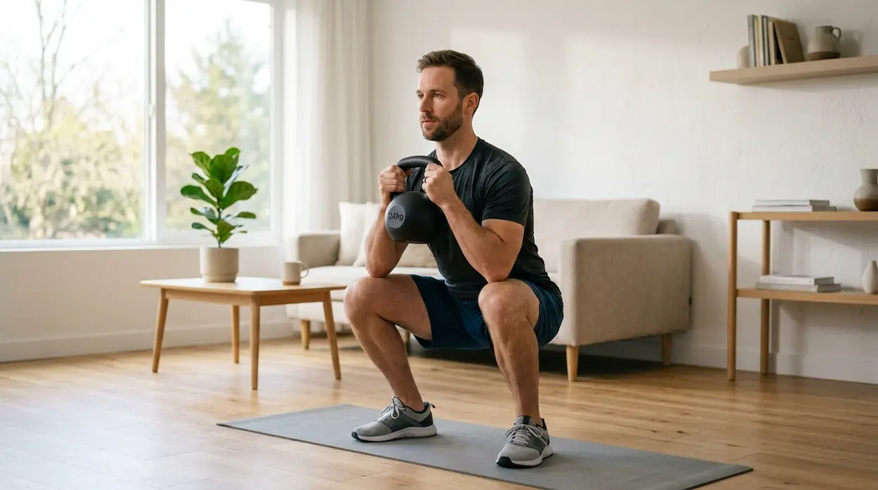 muž trénuje goblet squat s kettlebellom v obývačke.webp