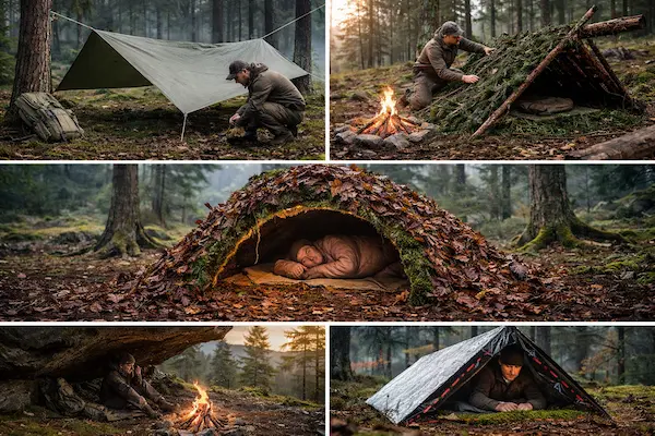 Rôzne typy núdzových prístreškov v lese – tarp medzi stromami, lean-to z vetiev, debris hut z lístia, prírodný úkryt a bivak z fólie..webp