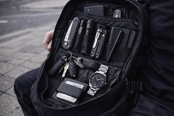 EDC do mesta – organizovaná každodenná výbava uložená v batohu pripravená na bežný deň v meste.webp