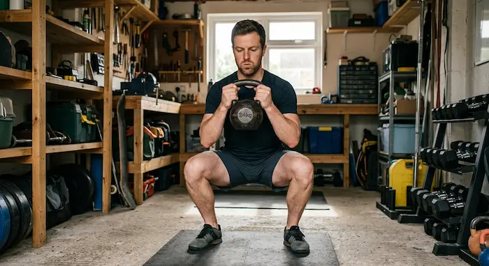 muž cvičí drepy s kettlebellom ako súčasť silového tréningu.webp