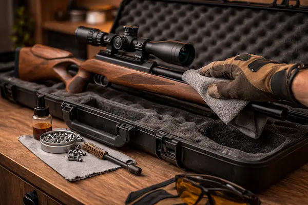 ako skladovať vzduchovku bezpečne a správne – vzduchovka s puškohľadom, kufor a čistiace vybavenie pripravené na bezpečné uskladnenie.webp