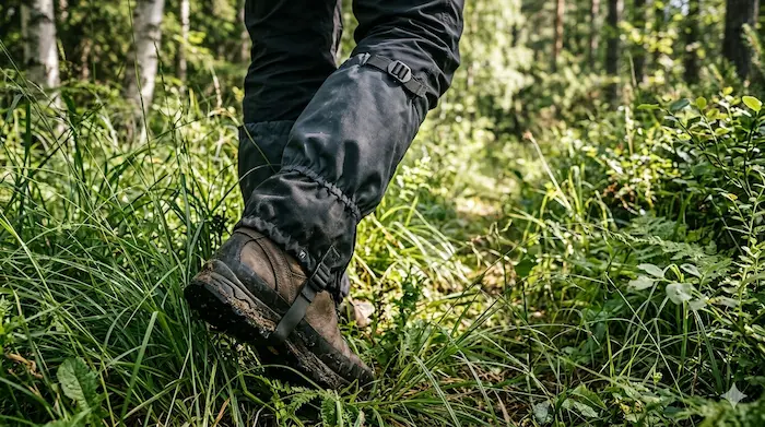 Turista prechádza vysokou trávou v ľahkých letných gamašiach proti kliešťom.webp