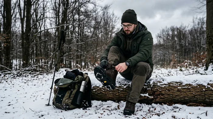 Turista si na okraji zasneženého lesa nasadzuje nesmeky na topánku