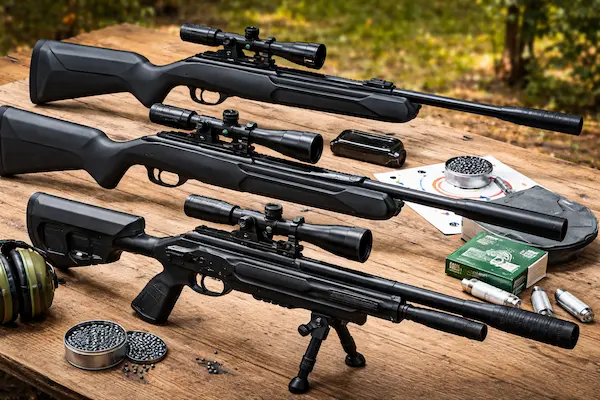 najlepšia vzduchovka na škodnú – porovnanie viacerých vzduchoviek s optikou, diabolkami a streleckým príslušenstvom na stole.webp