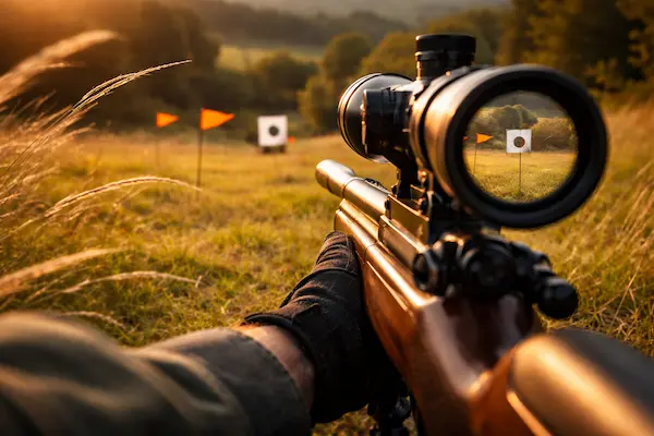 Ako čítať vietor pri streľbe zo vzduchovky – pohľad cez puškohľad na terč s veternými vlajočkami a viditeľnými znakmi bočného vetra.webp