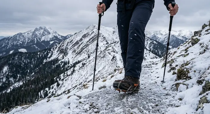 Turista zostupuje po zasneženom horskom chodníku s mačkami na topánkach a trekingovými palicami.webp